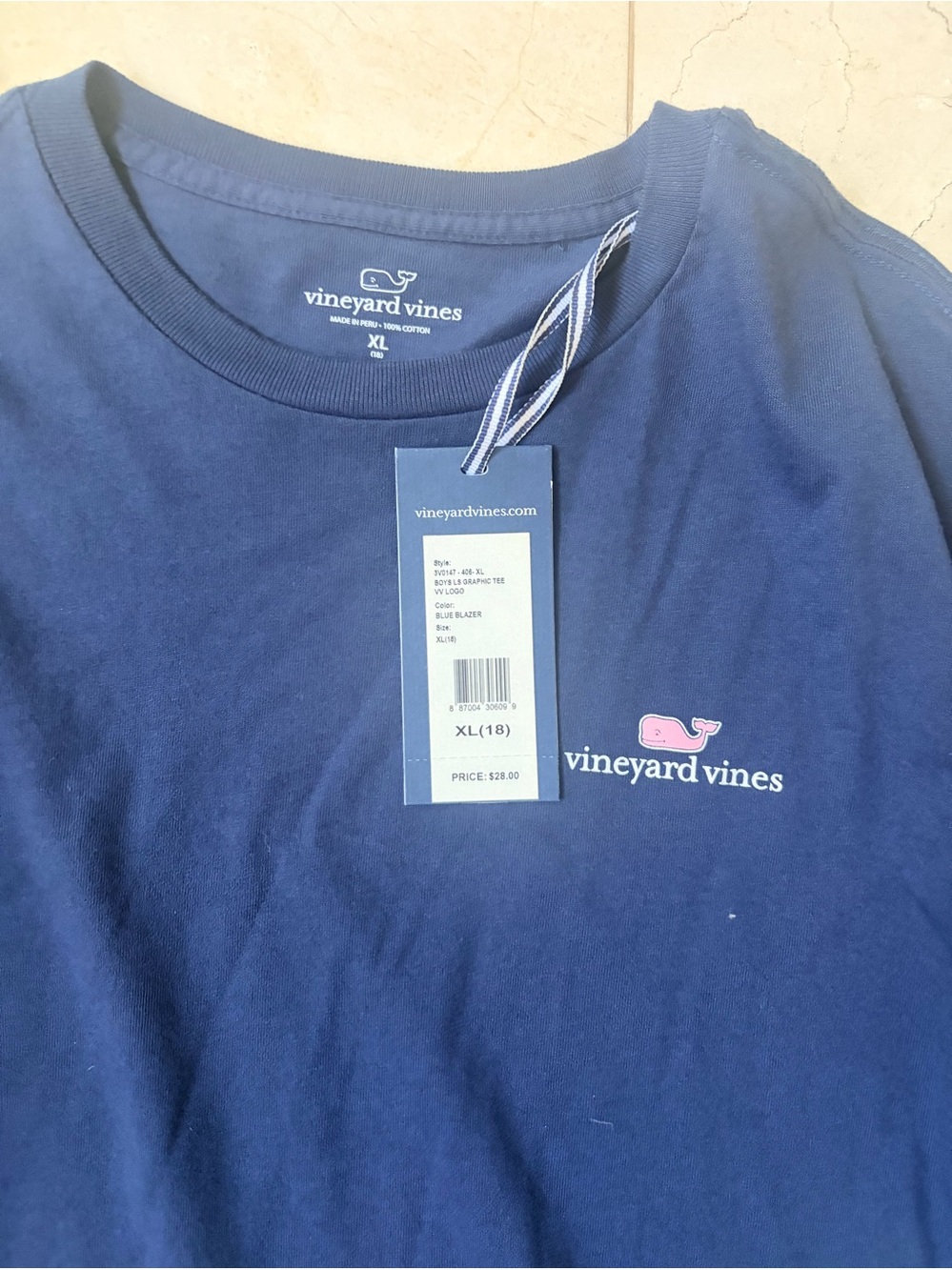 Boy’s Vineyard Vines long-Sleeve Crewneck Tee in Navy with Pink Whale Logo - XL